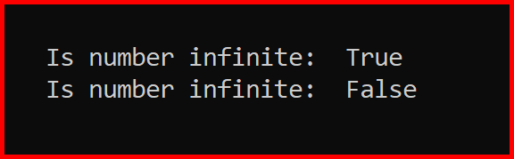 Picture showing the output of the isinf function in python